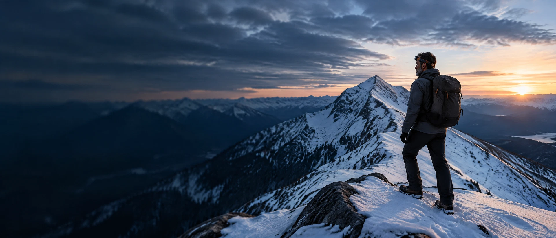 Hiker on a snowy mountain ridge at sunrise